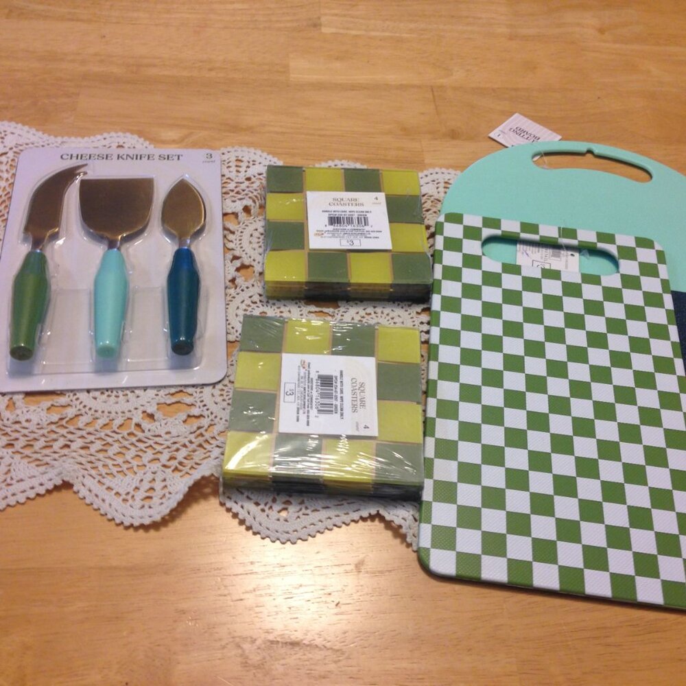 Farmhouse colors kitchen tools, cutting boards, cheese knives, coasters